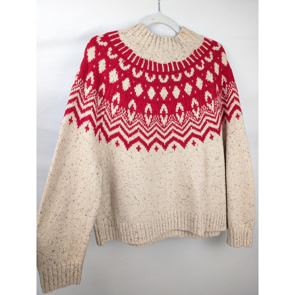 Nordic Fair Isle Mock Neck Sweater Size L Red Geometric Apre Ski Cottagecore